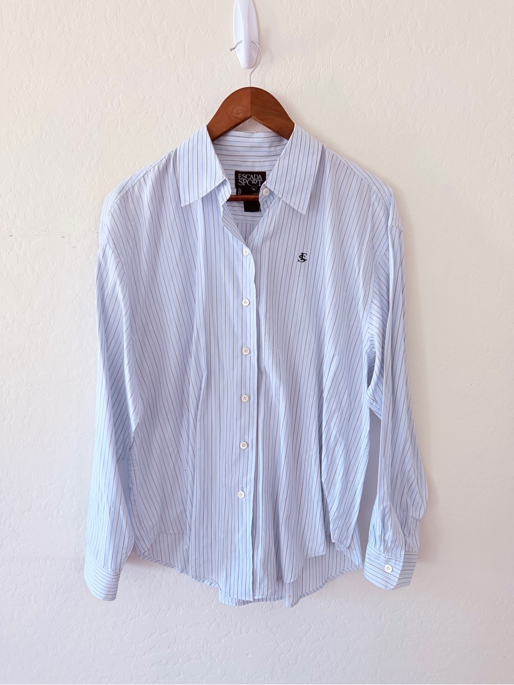 Escada Sport Blue Striped Button Front Shirt Women’s XL 100% Cotton Logo